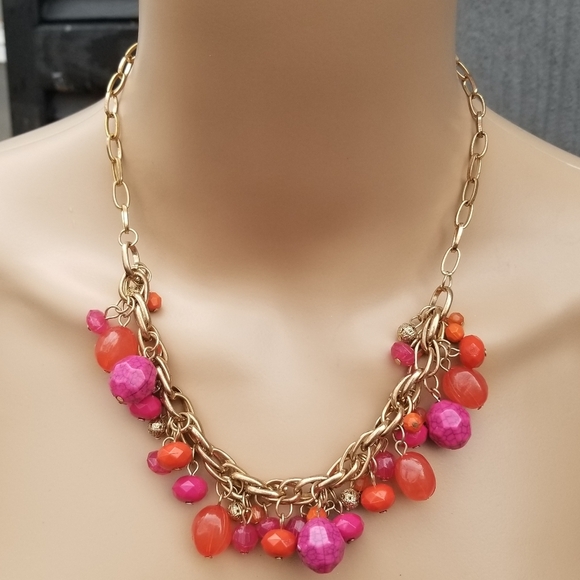 GOLDTONED CHAIN NECKLACE WITH ORANGE & HOT PINK BEAD DETAIL - Picture 1 of 4